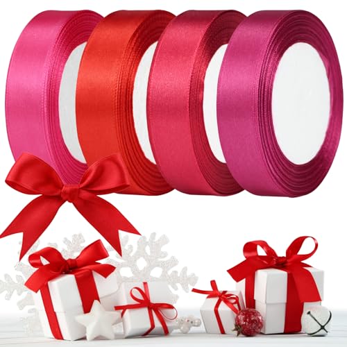 Geschenkband Satinband,20mm Schleifenband,Geschenkband Dekobänder, Hochzeitsbänder, Haarschmuck, Bänder, Geschenkbänder für Valentinstag, Weihnachten, Geburtstage, Hochzeiten, Taufen (4 Rollen Rot) von KOOOGEAR