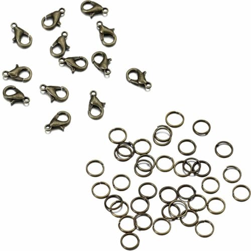 200-teiliges Ring- und 100-teiliges Verschluss-Set mit Karabinerverschluss, offene Biegeringe für Armband- und Halskettenverbinder, Schmuckherstellung, DIY-Set, Zubehör – Bronze-Set – 10 mm Verschl von KOPGBM