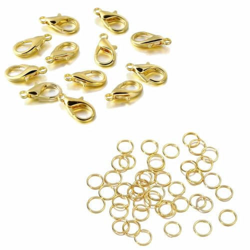 200-teiliges Ring- und 100-teiliges Verschluss-Set mit Karabinerverschluss, offene Biegeringe für Armband- und Halskettenverbinder, Schmuckherstellung, DIY-Set, Zubehör – Gold-Set – 10 mm Verschluss von KOPGBM