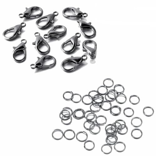 200-teiliges Ring- und 100-teiliges Verschluss-Set mit Karabinerverschluss, offene Biegeringe für Armband- und Halskettenverbinder, Schmuckherstellung, DIY-Set, Zubehör – Gun Black Set – 10 mm Versc von KOPGBM