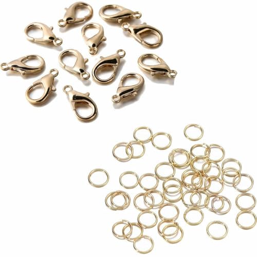 200-teiliges Ring- und 100-teiliges Verschluss-Set mit Karabinerverschluss, offene Biegeringe für Armband- und Halskettenverbinder, Schmuckherstellung, DIY-Set, Zubehör – KC Gold-Set – 10 mm Verschl von KOPGBM