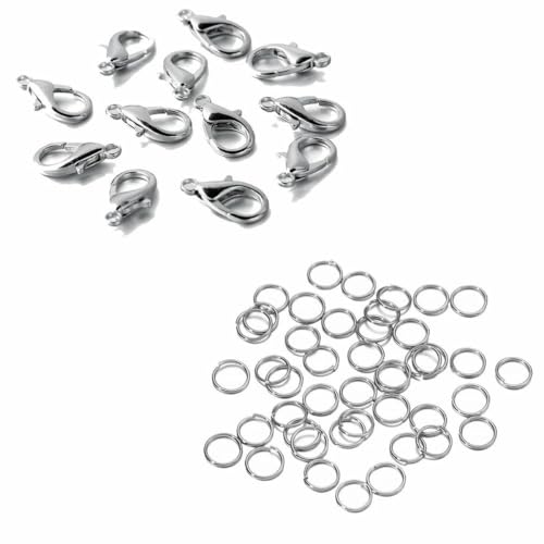 200-teiliges Ring- und 100-teiliges Verschluss-Set mit Karabinerverschluss, offene Biegeringe für Armband- und Halskettenverbinder, Schmuckherstellung, DIY-Set, Zubehör – Rhodium-Set – 10 mm Verschl von KOPGBM