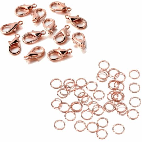 200-teiliges Ring- und 100-teiliges Verschluss-Set mit Karabinerverschluss, offene Biegeringe für Armband- und Halskettenverbinder, Schmuckherstellung, DIY-Set, Zubehör – Roségold-Set – 10 mm Versc von KOPGBM