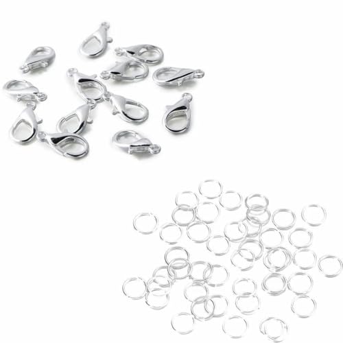 200-teiliges Ring- und 100-teiliges Verschluss-Set mit Karabinerverschluss, offene Biegeringe für Armband- und Halskettenverbinder, Schmuckherstellung, DIY-Set, Zubehör – Silber-Set – 10 mm Verschlu von KOPGBM