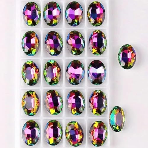 Glaskristall, ovale Form, 10 x 14, 13 x 18 mm, Regenbogen- und Gelee-Bonbon-AB-Farben, mit Spitze auf der Rückseite, zum Aufkleben von Strassperlen, Applikation, DIY-Besatz, A14 Flamme RB, 10 x 14 mm, von KOPGBM