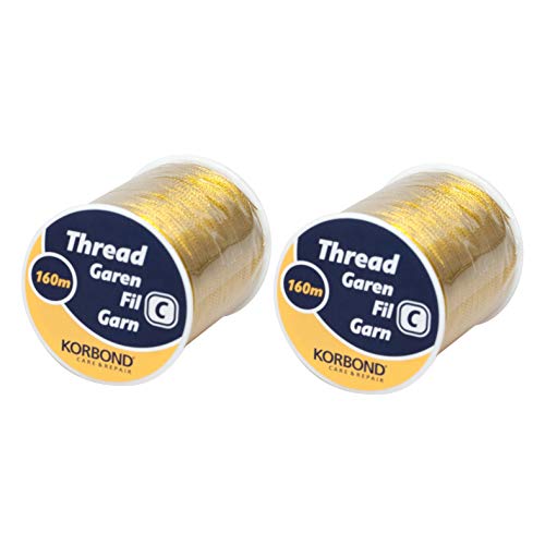 KORBOND 107880 Gold Metallic Garn 320 m – 2 x 160 m Spulen – ideal für Stickerei, Handarbeiten, Quilten, Maschinen, Nähen, Weihnachtsdekoration, Geschenkverpackungen, Polyester, 2 x 160m, meter von KORBOND