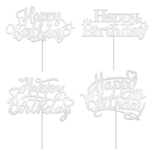 KOSTOO 20 Stück Happy Birthday Kuchenaufsätze, Glitzer-Geburtstagstortenaufsatz, Cupcake-Topper, Kuchendekorationen, einseitiger Glitzer mit umweltfreundlichem Papierstab (Silber) von KOSTOO