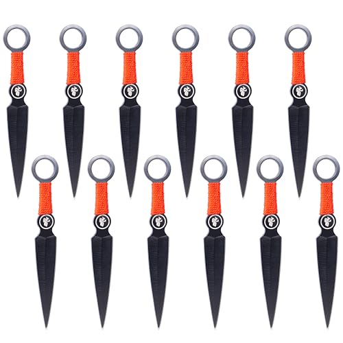 XXL SET 12er EXPENDABLES Wurfmesser Profi Kunai ca. 15,7cm - Throwing Knife - schnelles Werfen Messer Edelstahl - Trainingsmesser - Gürtelmesser - Messer Set inklusive 2 Holster aus Nylon schwarz, rot von KOSxBO