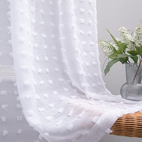 KOUFALL Weiße durchsichtige Vorhänge, 114 cm Länge für Badezimmer, Küche, Fenster, kurzer Landhausstil, niedlicher Pompom, Kinderzimmervorhang für Schlafzimmer, Set mit 2 Paneelen von KOUFALL