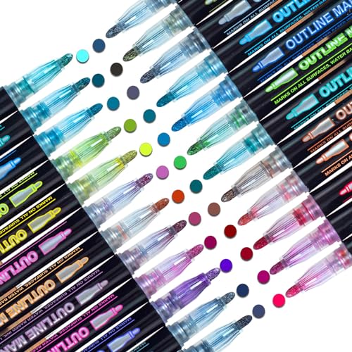 Glitzerstifte Outline Stifte Mädchen Geschenke: 24 Magische Stifte Double Line Adventskalender Kunsthandwerk Stift Metallic Marker Set Für Basteln, Weihnachtsgeschenke Für Kinder Mädchen 4 8 10 Jahre von KOUSICOO