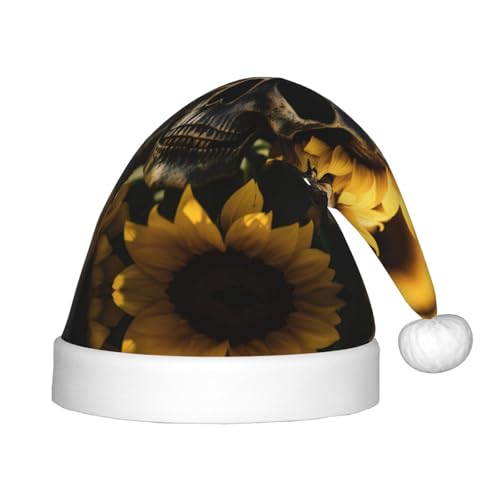 KOUUIP Sonnenblumen-Halloween-Totenkopf-Druck, Weihnachtsmütze für Erwachsene, Weihnachtsmannmützen für Weihnachten, Neujahr, Partyzubehör von KOUUIP