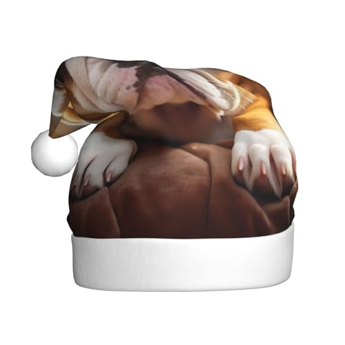 KOUUIP Weihnachtsmütze mit Bulldoggen-Welpen-Aufdruck, lustige Plüsch-Weihnachtsmütze für Erwachsene, Partygeschenke, Weihnachtsmützen von KOUUIP