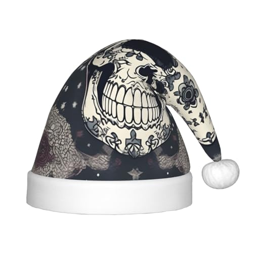 KOUUIP Weihnachtsmütze mit Totenkopf-Motiv und Blumendruck, für Erwachsene, Nikolausmützen für Weihnachten, Neujahr, Partyzubehör von KOUUIP