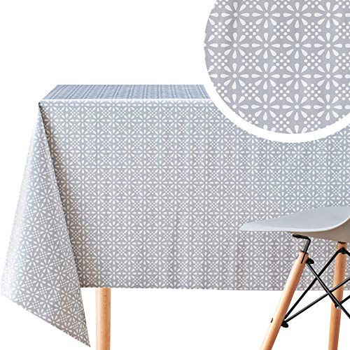 Abwischbare Grau Wachstuch im Vintage Weiß Blumendruck - PVC Wachstuchtischdecke Wasserabweisend, Rechteckige 200 x 140 cm Wachstischdeck Retro Blumen Tischdecke - Pflegeleicht Wiederverwendbar Vinyl von KP HOME