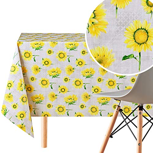 Abwischbare Tischdecke, Grau mit gelben Sonnenblumen, rechteckig, 250 x 140 cm, für rechteckige Tische bis zu 8 Sitzplätze, schwere Wachstuch-PVC-Tischdecke mit abwischbarer Vinyl-Ölhaut-Oberfläche von KP HOME