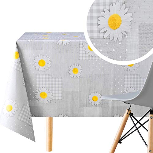 Grauem Wachstuchtischdecke mit Blumen Gänseblümchen - Abwischbare PVC Wachstuch, Rechteckige 200 x 140 cm - 6 Sitzplätze, Kamille Patchwork-Muster Vinyl Tischdecke - Pflegeleicht Wasserdichtes von KP HOME