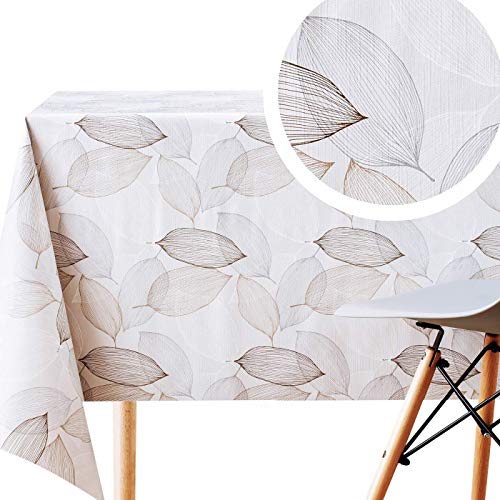 KP HOME Abwischbare Tischdecke Grau Silber Braun Blätter PVC Tischdecke - Quadratisch 140 x 140 cm Wiederverwendbare abwischbare Vinyl-Tischdecke mit botanischem Blattprägung - BPA-frei von KP HOME