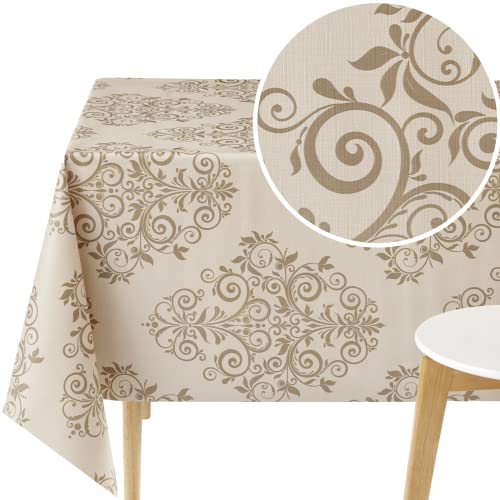 KP HOME Beige PVC-Tischdecke, abwischbar, Wachstuchtischdecke, eleganter Barockdruck, 140 x 140 cm, rechteckig, abwischbar, Damastmuster, Vinyl, wasserdicht, 55 x 55 cm, Kunststoff-Tischdecke von KP HOME