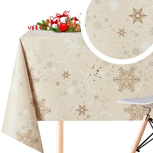 KP HOME Creme Wachstuchtischdecke Weihnachten PVC Tischdecke mit Schneeflocken - Abwischbare Wachstuch Rechteck Wachstischdecke Groß 250x140 Wasserdichtes Wachstuchtischdecke Vinyl Tischdecke Outdoor von KP HOME