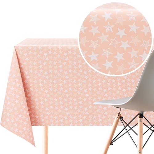 KP HOME PVC Wachstuchtischdecke Rechteckig 200x140 cm - Abwischbare Tischdecke Wasserdichtes für 6 Personen - Vinyl Tischtuch, Pfirsichfarbene Tischdecke Kunststoff, mit weißem Sternenmuster von KP HOME