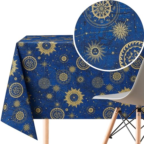 KP HOME PVC Wachstuchtischdecke Rechteckig 200x140 cm - Abwischbare Tischdecke Wasserdichtes für 6 Personen - Vinyl Tischtuch, Tischdecke Kunststoff Blau Astro Gold Starburst Design von KP HOME