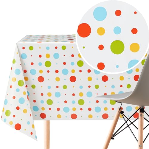 KP HOME PVC Wachstuchtischdecke Rechteckig 200x140 cm - Abwischbare Tischdecke Wasserdichtes für 6 Personen - Vinyl Tischtuch, Tischdecke Kunststoff Buntes Polka-Dot-Muster für Kinder von KP HOME