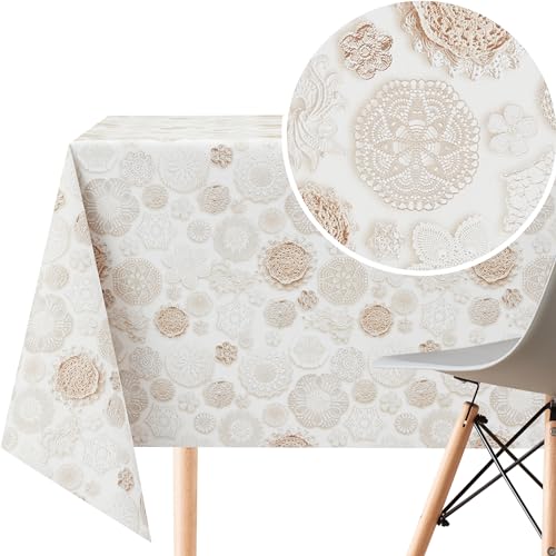 KP HOME PVC Wachstuchtischdecke Rechteckig 200x140 cm - Spitzenmotive Abwischbare Tischdecke Kunststoff Wasserdichtes für 6 Personen - Vinyl Tischtuch in Beige mit Verzierten Blumenmuster von KP HOME