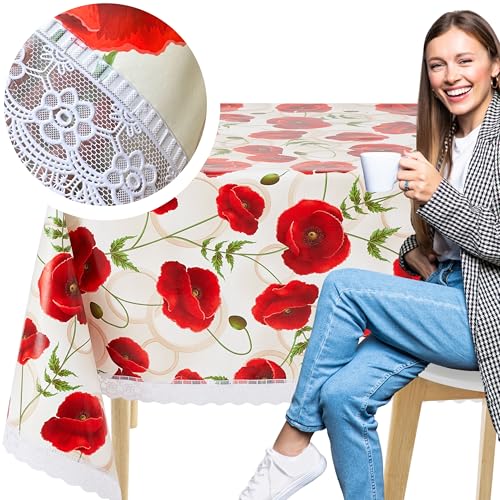 KP HOME Tischdecke Abwaschbar, Pflegeleicht Rechteckig Abwischbare PVC Tischdecke 200x140cm, Wetterfeste für Innen- und Außenbereich, Wachstuchtischdecke Wischfest Mohn-Spitzen Blumen-Design von KP HOME