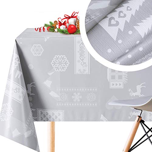 KP HOME Vinyl Tischdecke Weihnachten PVC Grau Weiß Rentier Rechteckig 300x140 cm Wiederver Wendbare Vinyl Wachstischdecke Tischwäsche Wachstuch Tischdekoration Abwaschbar Pflegeleicht Wasserabweisend von KP HOME