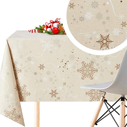 KP HOME Wachstuchtischdecke Weihnachten PVC Schneeflocken mit Abwischbare Wachstuch - Rechteck 200x140 Wachstischdecke Pflegeleicht Wasserdichtes Beige Vinyl Tischdecke von KP HOME