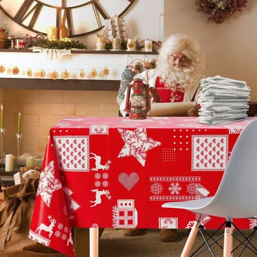 KP HOME Tischdecke Abwaschbar 250x140cm, Rot Scandi Weihnachten Lange PVC Tischdecke aus Abwischbare Vinyl für Innen & Außenbereich Wachstuchtischdecke mit Rentier Muster passend für 8-Personen-Tisch von KP HOME