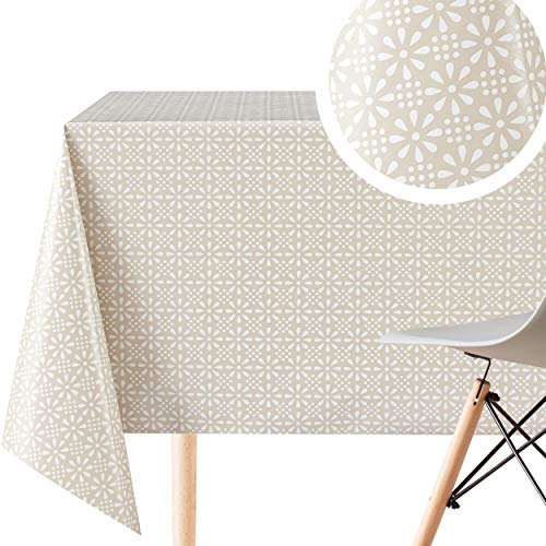 Beige Retro Wachstuchtischdecke mit Weiß Blumendruck, Abwischbare PVC Wachstuch - Rechteckige 300 x 140 cm - 10 Sitzplätze, Blumen Wachstischdecke Pflegeleicht Creme Vinyl Tischdecke Wasserdichtes von KP HOME