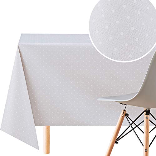 Elegante Grau Wachstuchtischdecke mit Weiß Punktmuster, Abwischbare PVC Wachstuch, Rechteckige 300 x 140 cm - 10 Sitz, Gepunktet Tupfen Vinyl Tischdecke, Wachstischdecke Pflegeleicht Wasserdichtes von KP HOME