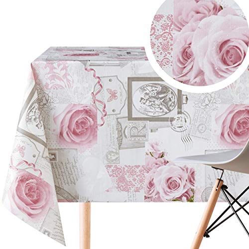 KP Home Grau Wachstuchtischdecke Staubige Rosa Blumen Rosen Romantisch Shabby Chic Stil Wasserdicht Wachstuch Rechteckig 250x 140 Wachstischdecke PVC Tischdecke Abwischbare Kunststoff Pflegeleich von KP HOME