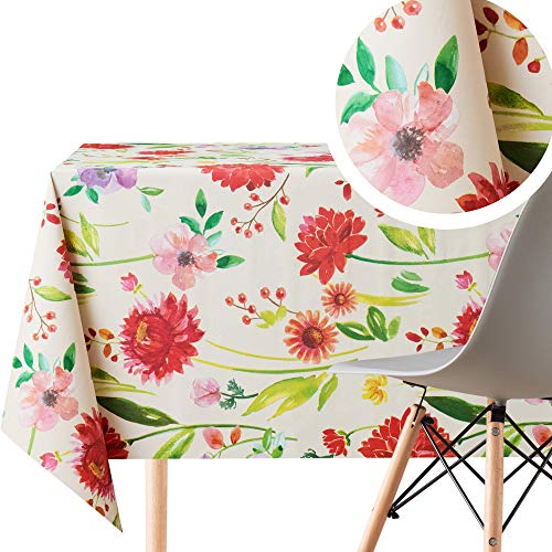 Creme Rot Blumen Blühen PVC Tischdecke Abwischbare Tischdecke Rechteckig 200x140cm 78x55 Zoll,6 Sitze Wasserdicht Wachstuchtischdecke Beige Tischdecke Abwischbar,Floral Meadow Kunststoff Tischdecke von KP HOME