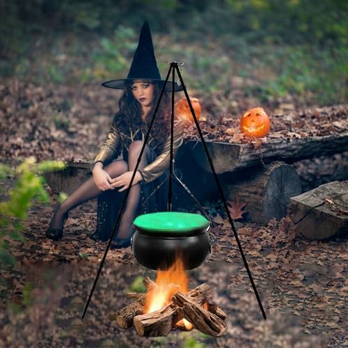 Hexen Topf auf Lagerfeuer Stativ Halloween Dekoration Outdoor Szene Layout Schwarz Kunststoff Schüssel Dekoration für Halloween Dekoration, Party Deko, Sale Angebote (Grün（130cm+20cm）) von KQIVAM