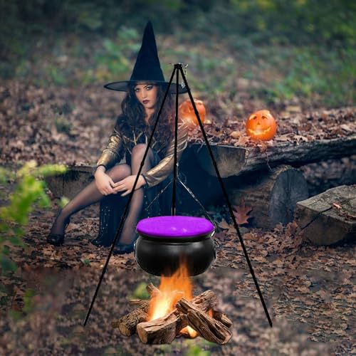 Hexen Topf auf Lagerfeuer Stativ Halloween Dekoration Outdoor Szene Layout Schwarz Kunststoff Schüssel Dekoration für Halloween Dekoration, Party Deko, Sale Angebote (Lila（130cm+20cm）) von KQIVAM