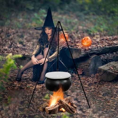 Hexen Topf auf Lagerfeuer Stativ Halloween Dekoration Outdoor Szene Layout Schwarz Kunststoff Schüssel Dekoration für Halloween Dekoration, Party Deko, Sale Angebote (Weiß（78cm+32cm）) von KQIVAM