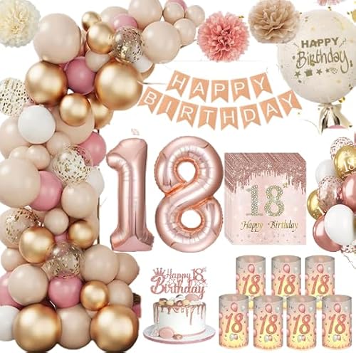 Deko 18 Geburtstag Mädchen,KQMGJYB 18. Geburtstag Deko Beige Vintage Rosa Weiß Luftballon Girlande mit WindlichtTischdeko,Servietten,Pompons für Boho Geburtstag Dekoration Mädchen Frauen von KQMGJYB