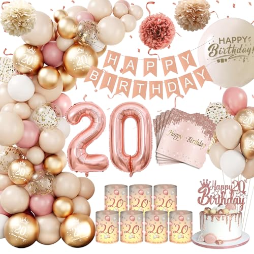 Deko 20 Geburtstag Mädchen,KQMGJYB 20. Geburtstag Deko Beige Vintage Rosa Weiß Luftballon Girlande mit WindlichtTischdeko,Servietten,Pompons für Boho Geburtstag Dekoration Mädchen Frauen von KQMGJYB