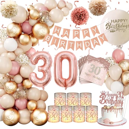 Deko 30 Geburtstag Frau,KQMGJYB 30. Geburtstag Deko Beige Vintage Rosa Weiß Luftballon Girlande mit Windlicht Tischdeko,Servietten,Pompons für Boho Geburtstag Dekoration Frauen von KQMGJYB