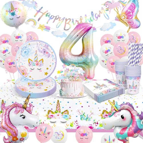 Einhorn Partygeschirr Set, 16 Gäste Einhorn Geburtstag Dekoration Geschirr Party Supplies , 4 Jahre Einhorn Luftballon Pappteller Tassen Servietten für Party Kindergeburtstag Deko von KQMGJYB