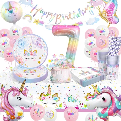 Einhorn Partygeschirr Set, 16 Gäste Einhorn Geburtstag Dekoration Geschirr Party Supplies , 7 Jahre Einhorn Luftballon Pappteller Tassen Servietten für Party Kindergeburtstag Deko von KQMGJYB