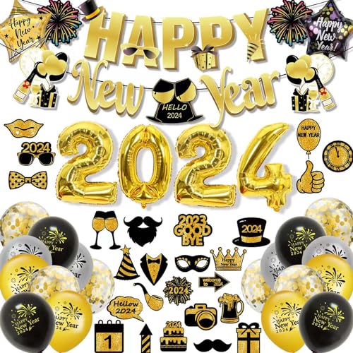 KQMGJYB Silvester Deko 2024 Party Set, Neujahr Silvesterdeko , Frohes Neues Jahr Party Dekoration Mit 2024 Anzahl und Happy New Year Banner Schwarz Gold Latex Ballons für Silvesterparty von KQMGJYB