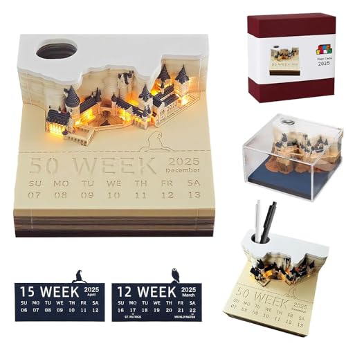 KQWVZ 3D Kalender 2025, 3D Kalender Abreißen 2025, 3D Notizblock mit Licht, 3D Tischkalender-Notizblock, 2025 3D Tischkalender-Notizblock mit Glasklarem Anzeigebox, Papierskulptur Desktop Ornament von KQWVZ