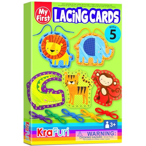 KRAFUN Anfänger-Schnürkarten-Set für Vorschulkinder zum Basteln und Basteln mit Kindern, 5 einfache Safari- und Tier-Schnürprojekte, Anleitung inklusive, Schnürkarten für Kleinkinder, Spielzeug von KRAFUN