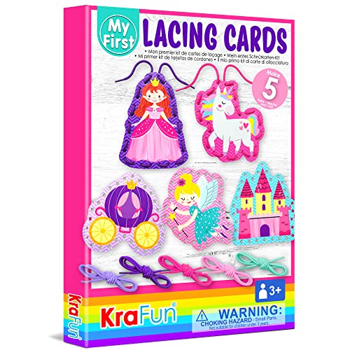 KRAFUN Lacing Card Kit - Princess Anfänger Einhorn Schnürkarten-Set für Kinder zum Basteln, 5 einfache Prinzessinnen-Schnürprojekte, Anleitung inklusive, Schnürkarten für Kleinkinder, Spielzeug von KRAFUN