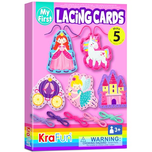 KRAFUN Lacing Card Kit - Princess Anfänger Einhorn Schnürkarten-Set für Kinder zum Basteln, 5 einfache Prinzessinnen-Schnürprojekte, Anleitung inklusive, Schnürkarten für Kleinkinder, Spielzeug von KRAFUN