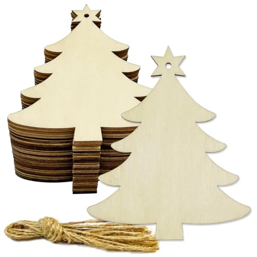 30 Stück 10,2 cm große Holz-Weihnachtsbaum-Ausschnitte, Basteln, Verzierungen, unlackierter Weihnachtsbaum, hängende Ornamente, blanko, Weihnachtsbaum, Holzausschnitte, Scheibe mit Seilen für von KRSHEMDE