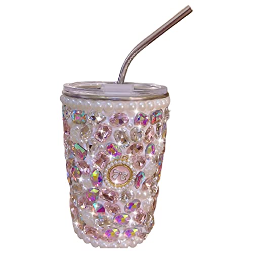 Glitzernde Tasse mit Deckel und Trinkhalmen, niedlicher Strass-Glitzer-Becher, glänzende Wasserflasche für Frauen und Mädchen, Geschenk (500 ml, rosa) von KRYCRHIA